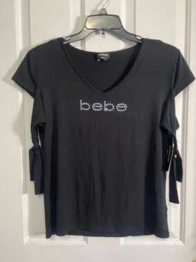 bebe Black V-Neck Rhinestone Logo Tie-Sleeve Tee